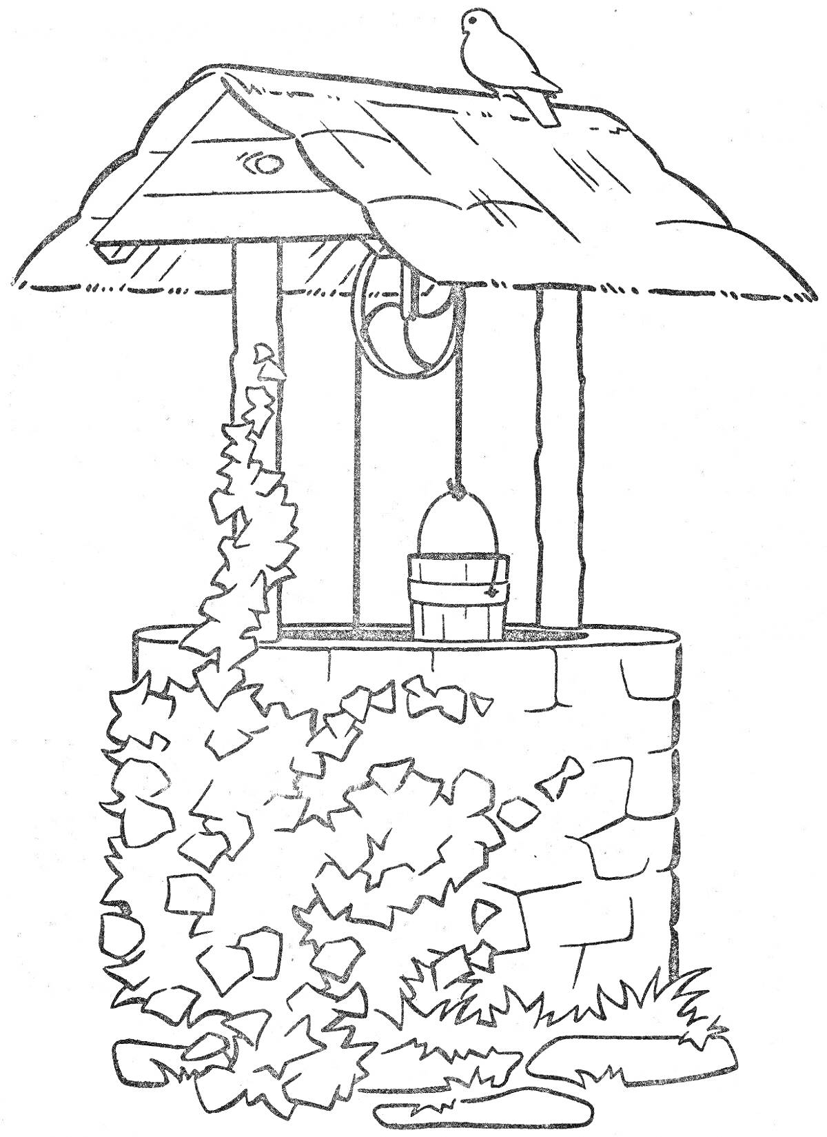 Раскраска Колодец с ведром, крышей, плющом и птицей