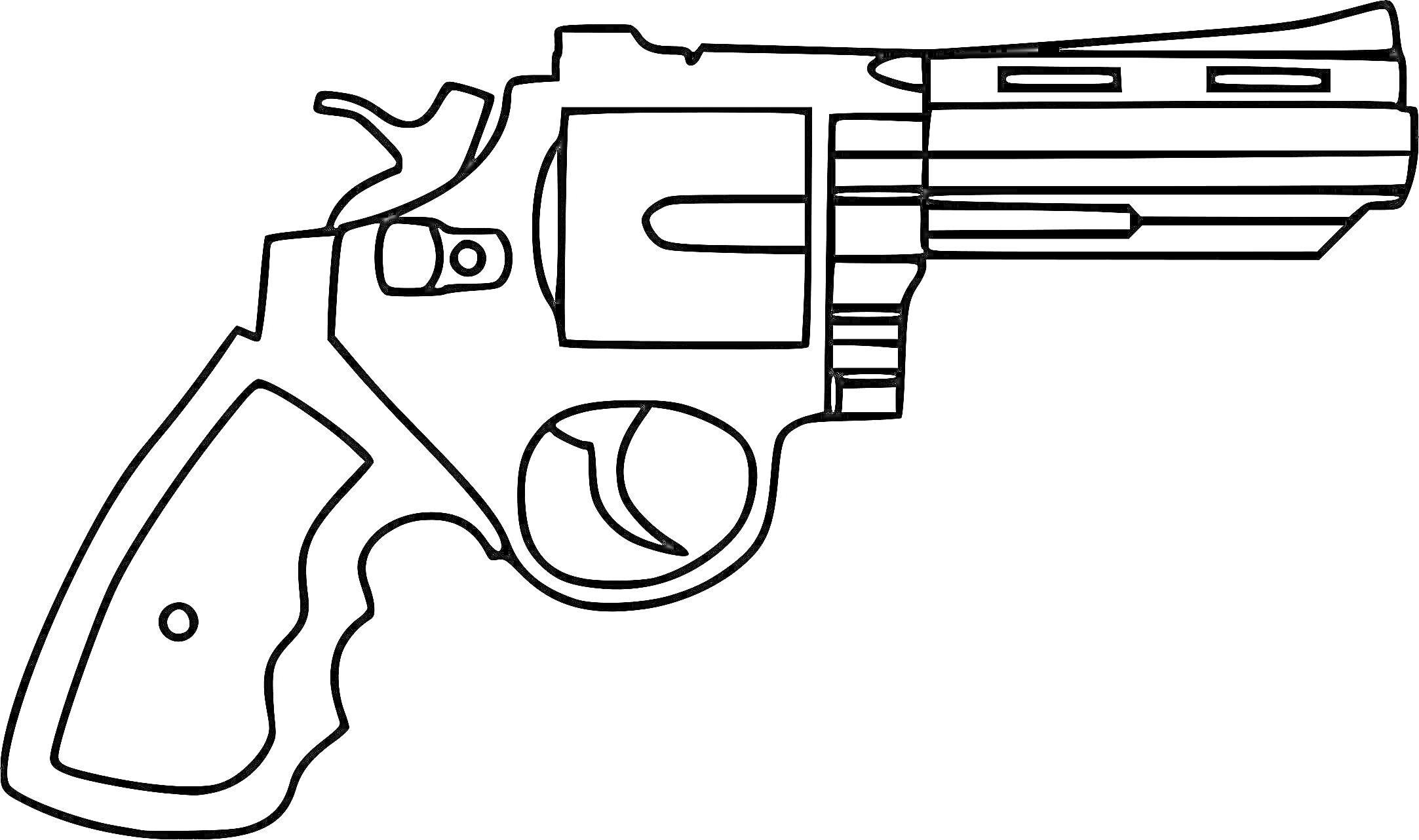 На раскраске изображено: Пистолет, Револьвер, Оружие, Рукоятка, Барабан