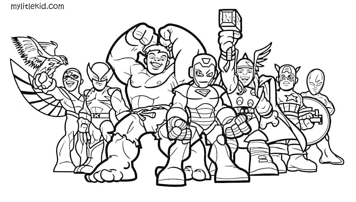 Раскраска раскраска с изображением команды супергероев (шесть человек) и сокола, каждый супергерой в уникальном костюме и занимает различную позу