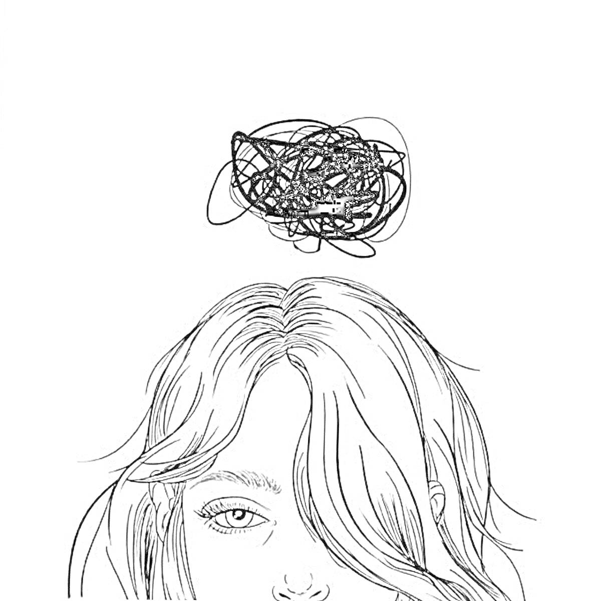 Раскраска Девушка с запутанной линией над головой