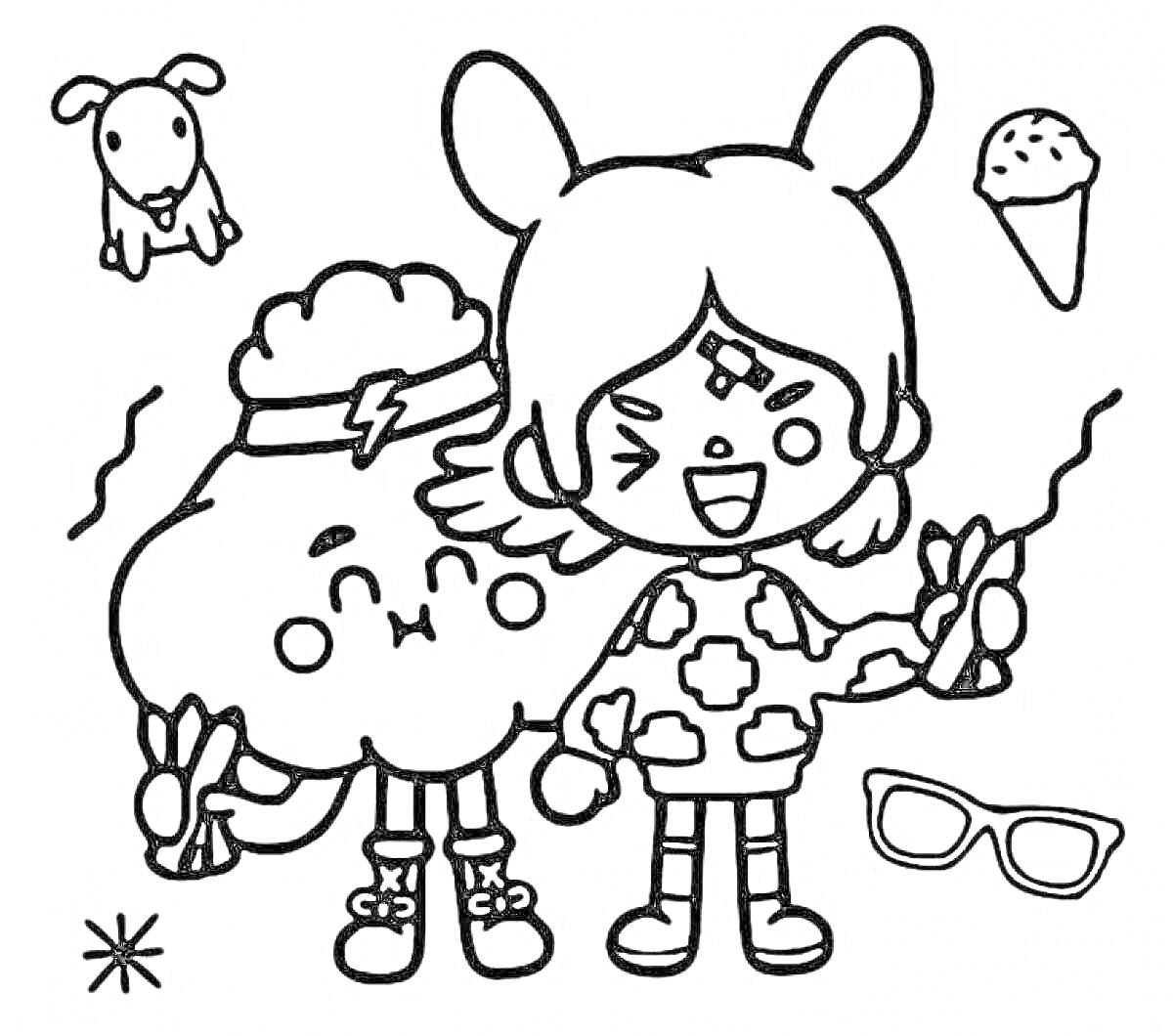 Раскраска ребенок и персонаж с навигационным знаком, питомец, мороженое, очки