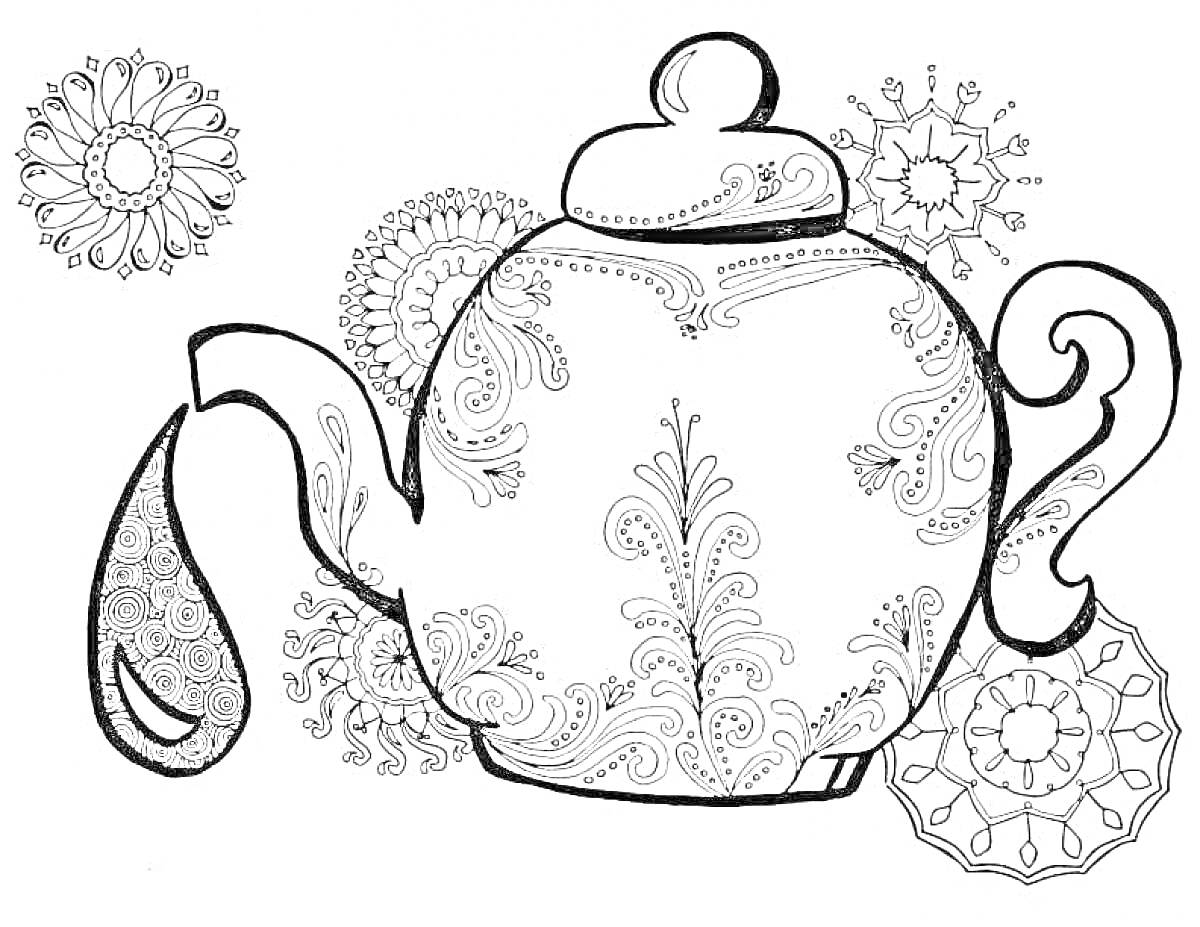 Раскраска чайник с узорами и мандалами