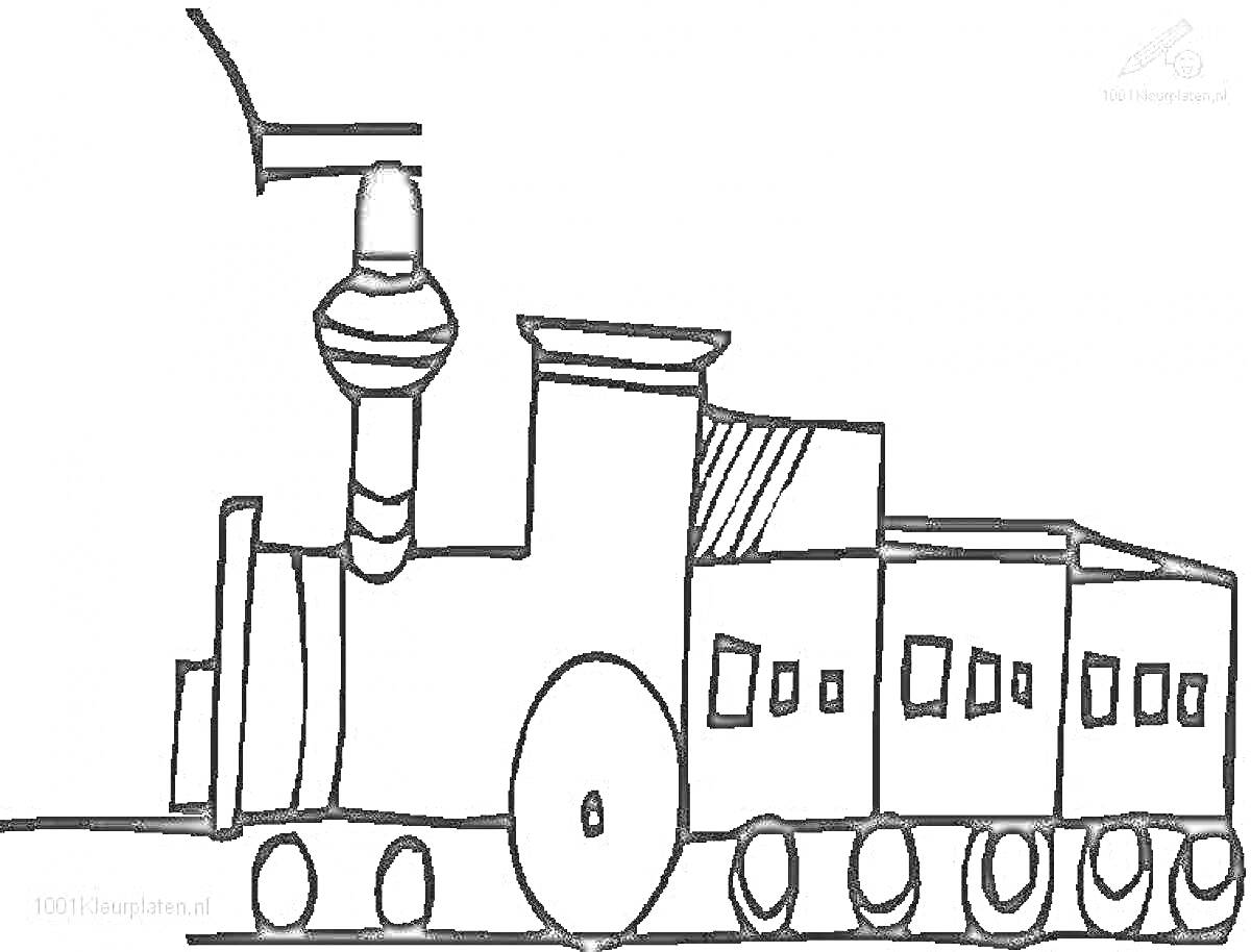 На раскраске изображено: Паровоз, Поезд, Вагоны, Колеса, Труба, Контурные рисунки
