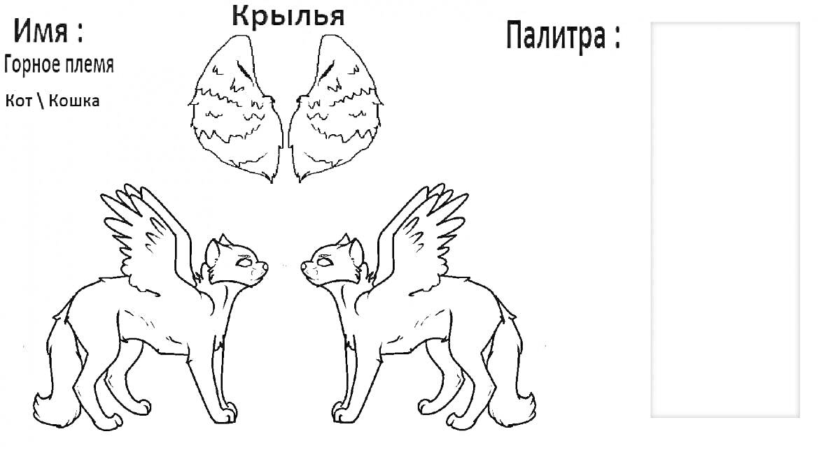 Раскраска Кошка с крыльями: две кошки с крыльями, два крыла, палитра, горное племя