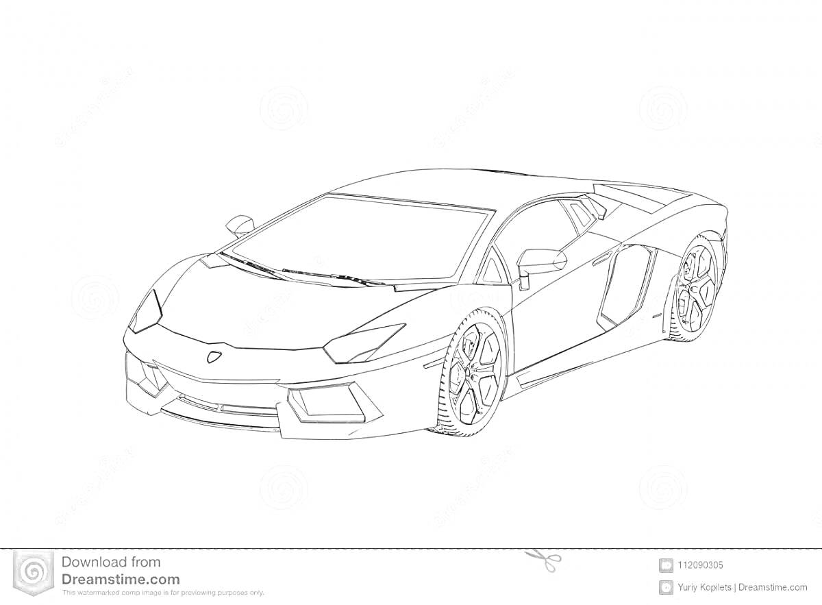 Раскраска Раскраска автомобиля Lamborghini Huracan Performante с открытыми дверями и видимыми передними и боковыми колёсами.
