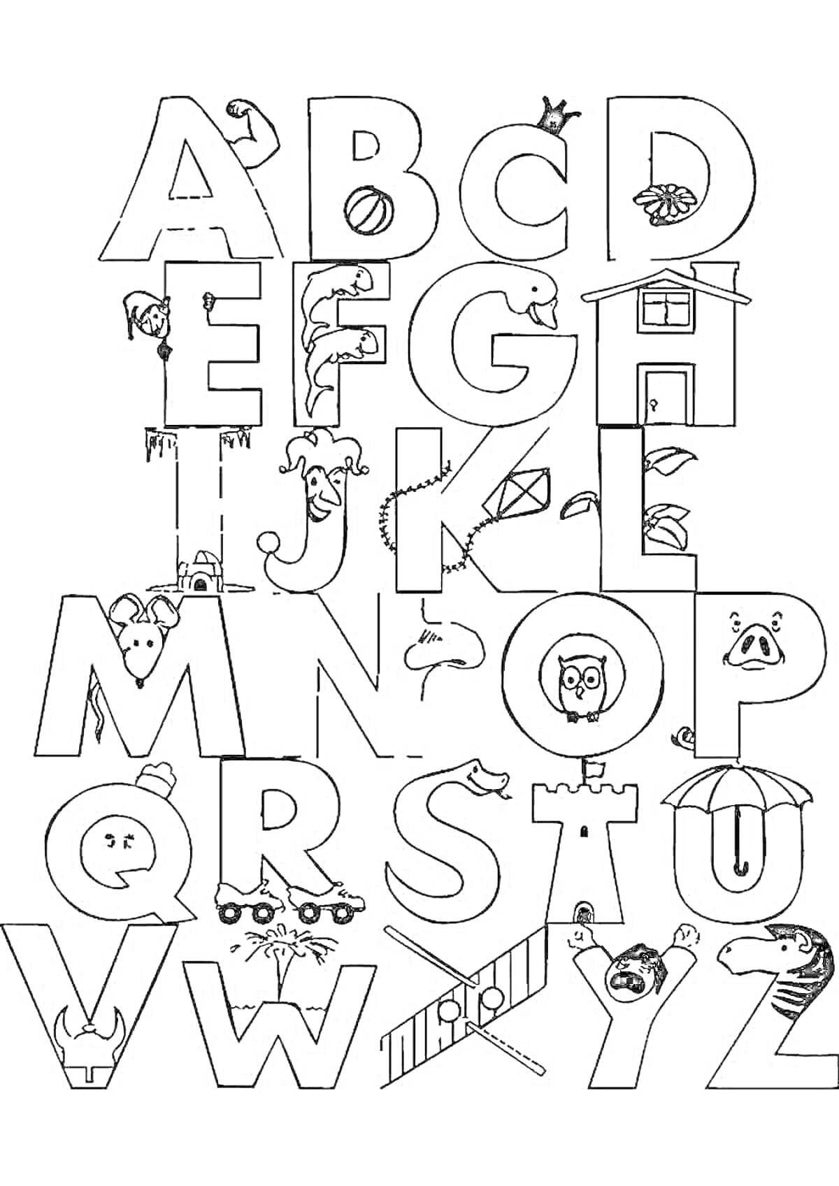 На раскраске изображено: Алфавит, Английский алфавит, Буквы, Глаза, Дом, Деревья, Животные, Учебные материалы