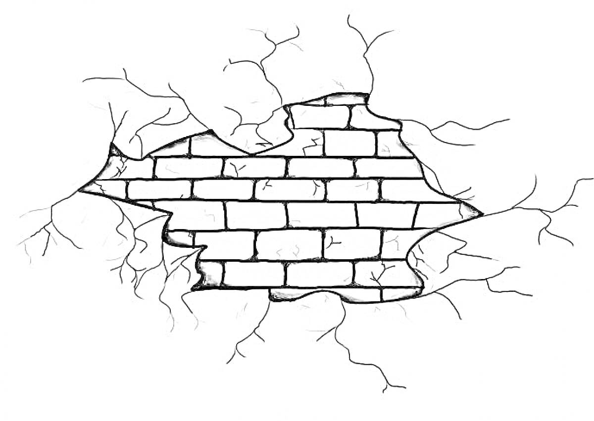 На раскраске изображено: Кирпичная стена, Трещины, Обломки, Кирпичи