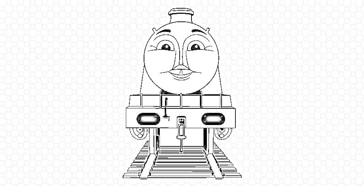 Рисунок паровоза Гордона с лицом на передней части, стоящего на железнодорожных путях