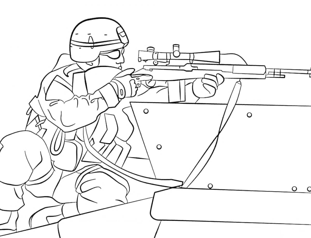 Раскраска Солдат со снайперской винтовкой за укрытием