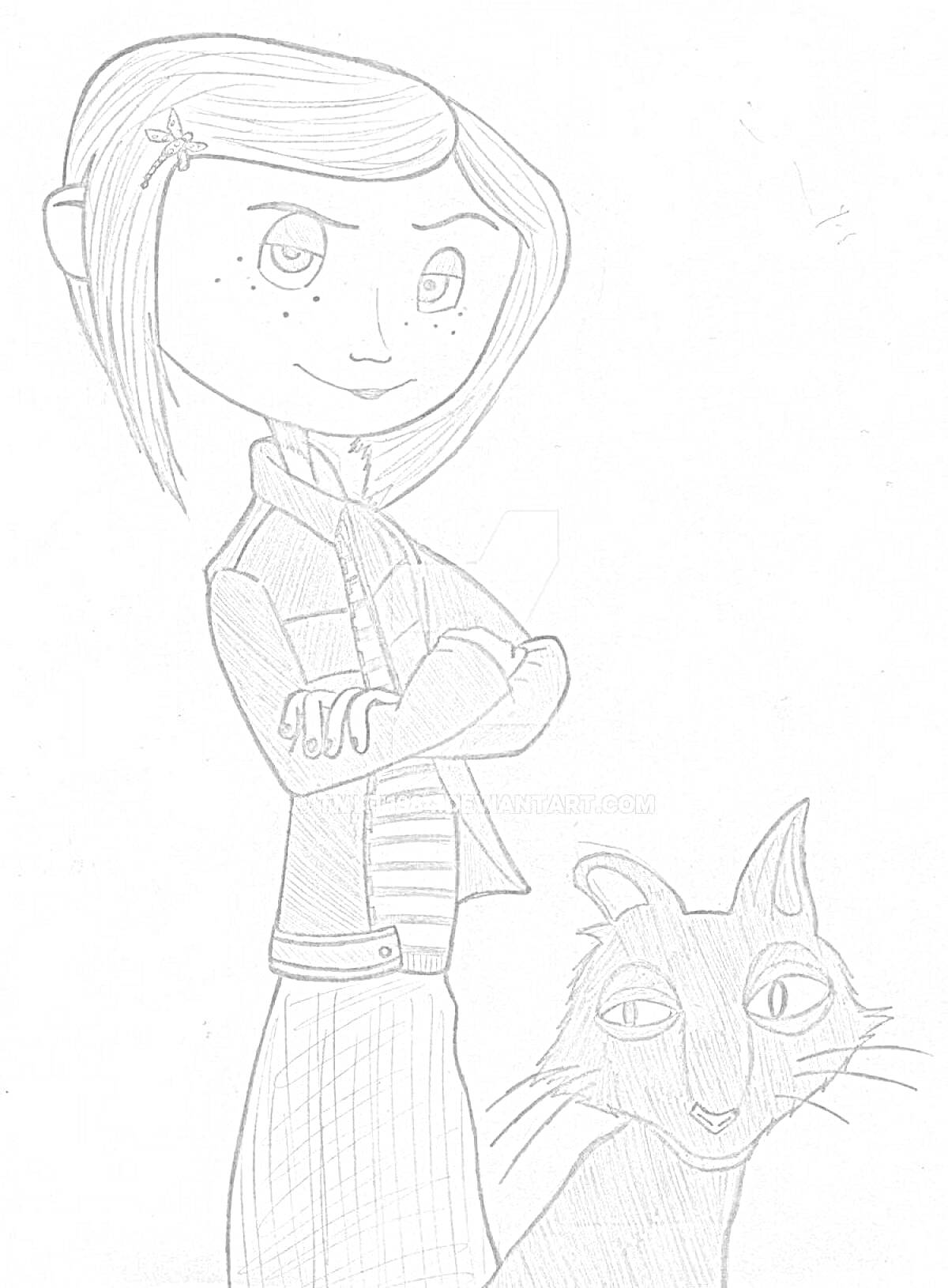 Раскраска Девочка с полосатой рубашкой и прической с заколкой, стоящая рядом с котом.