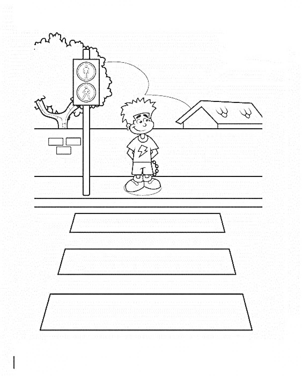 На раскраске изображено: Мальчик, Пешеходный переход, Светофор, Деревья, Безопасность