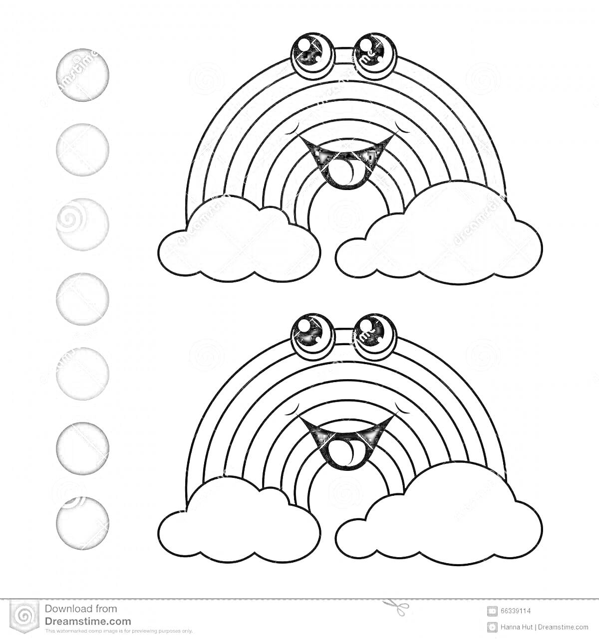 Раскраска Радуга с глазами и улыбкой, окруженная облаками, раскраска для детей