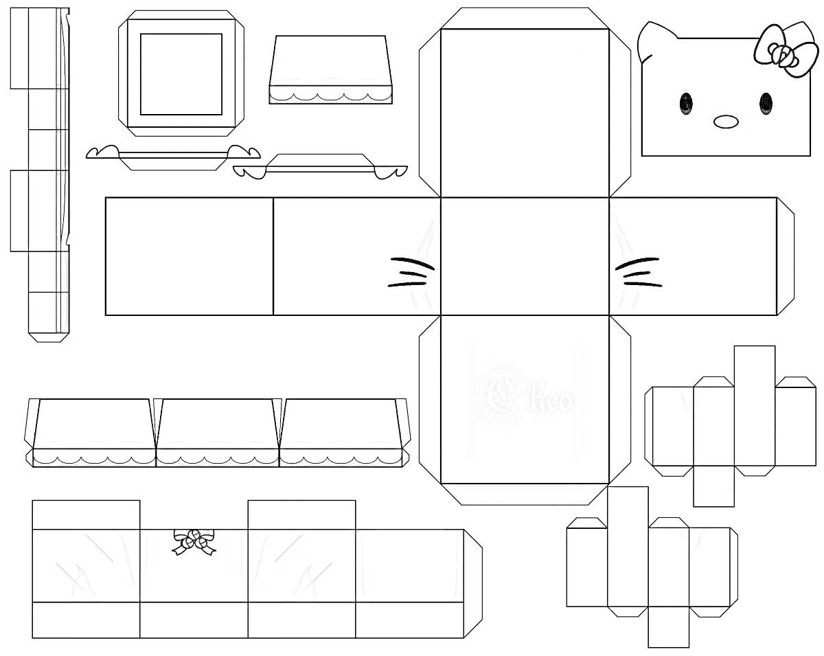 На раскраске изображено: Развертка, Коробка, Сборная, Бумажная модель, Декоративные элементы, Бант, Уши, Лицо, Упаковка, Хелло Китти