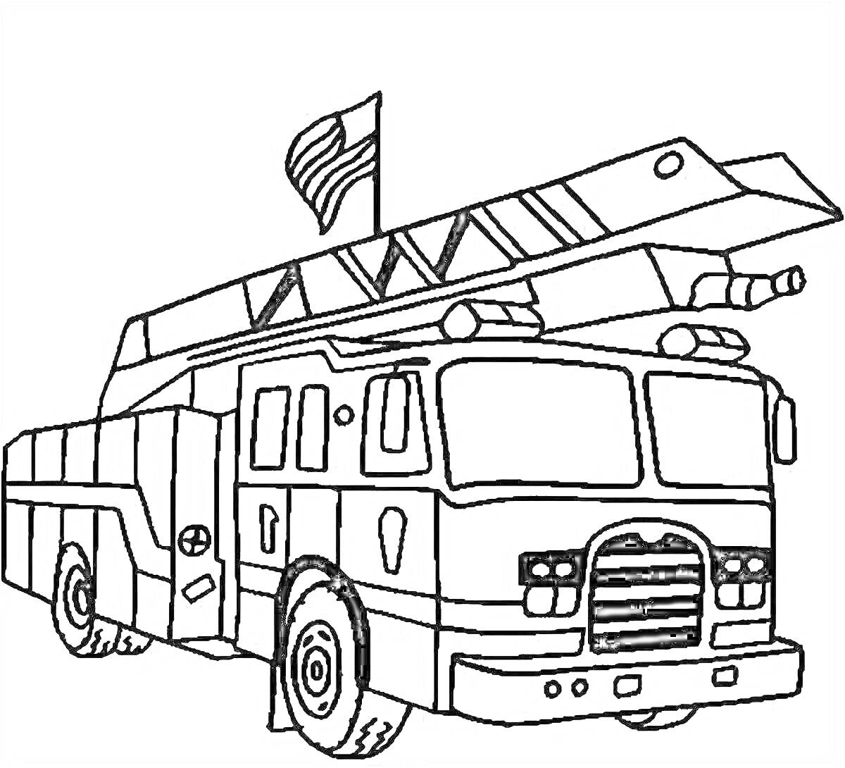 На раскраске изображено: Пожарная машина, Лестница, Флаг, Пожарная техника, Для детей