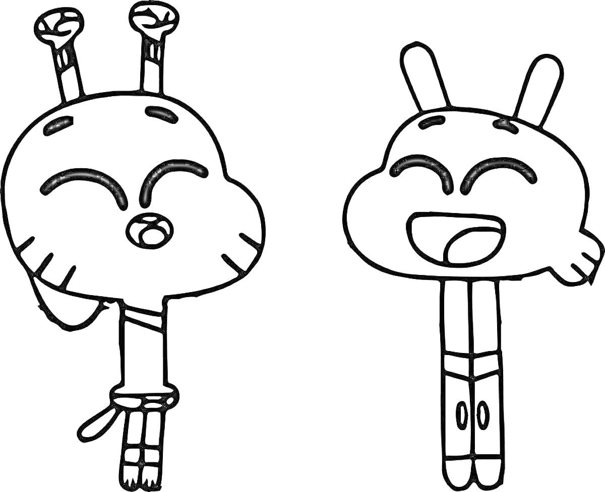 Два персонажа Гамбола с заячьими ушами, один стоит с рукой на голове, другой улыбается и стоит прямо