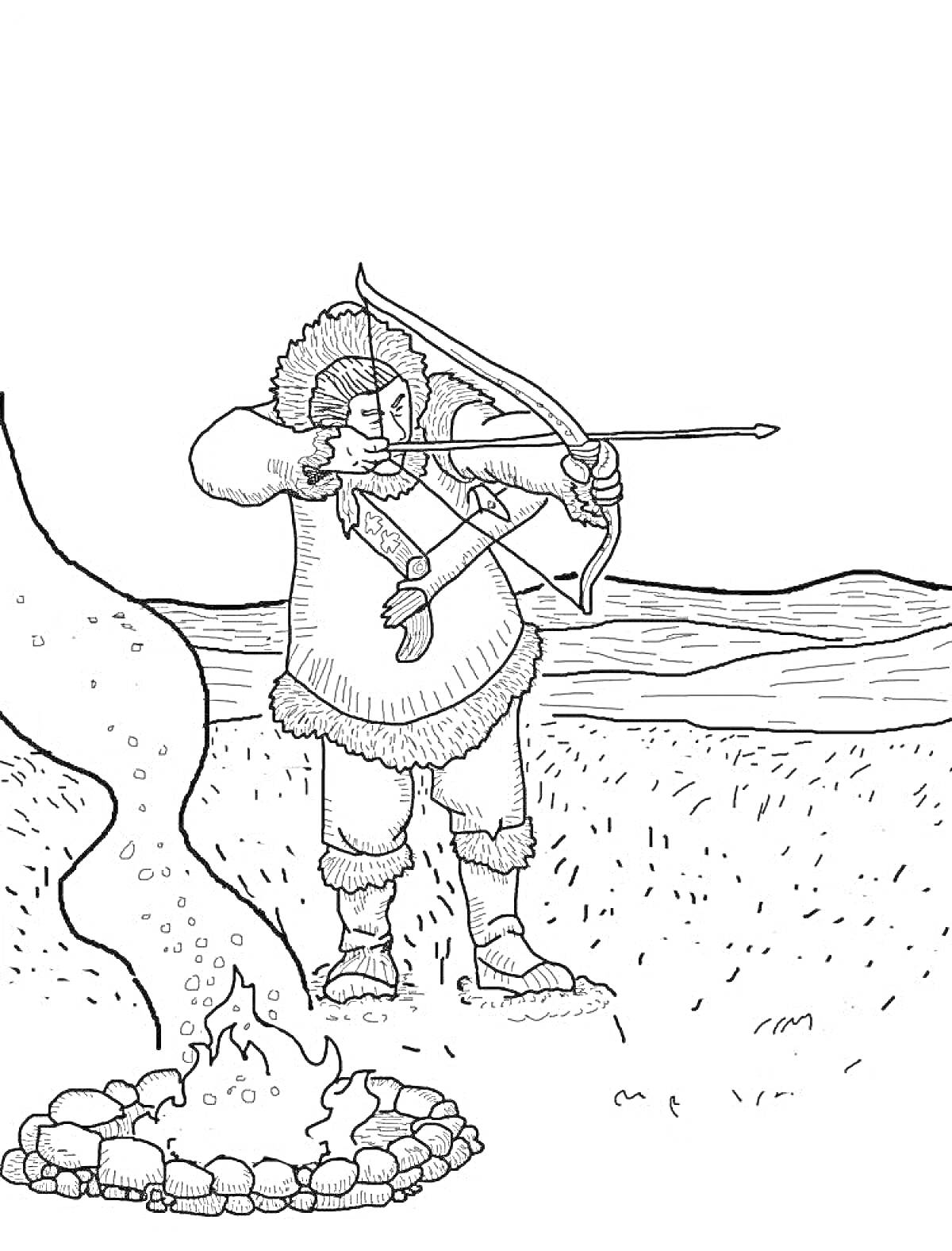 Раскраска Охотник с луком возле костра на фоне пейзажа