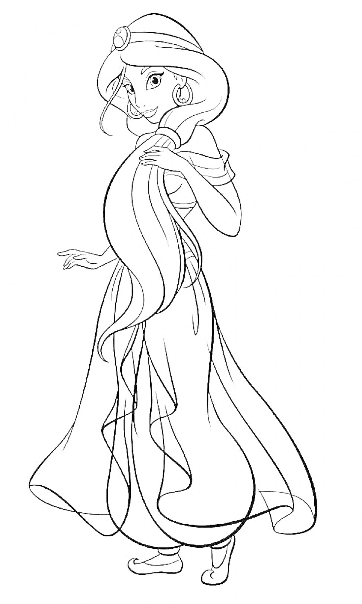 Раскраска Принцесса в длинном платье с распущенными волосами и головным убранством в виде диадемы