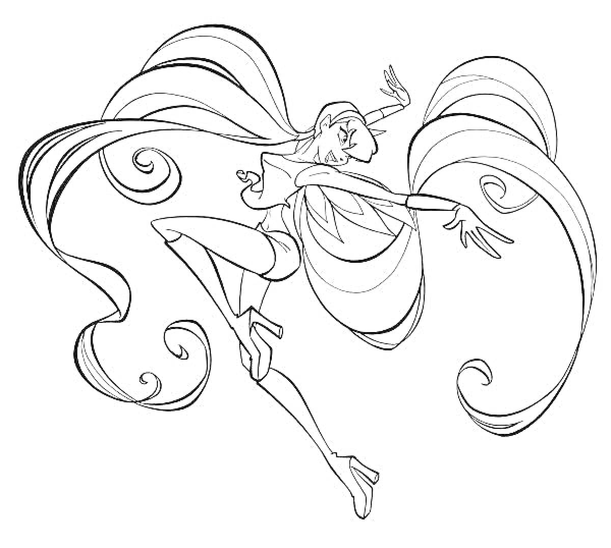 Раскраска Винкс Стелла с длинными развевающимися волосами и в кроссовках