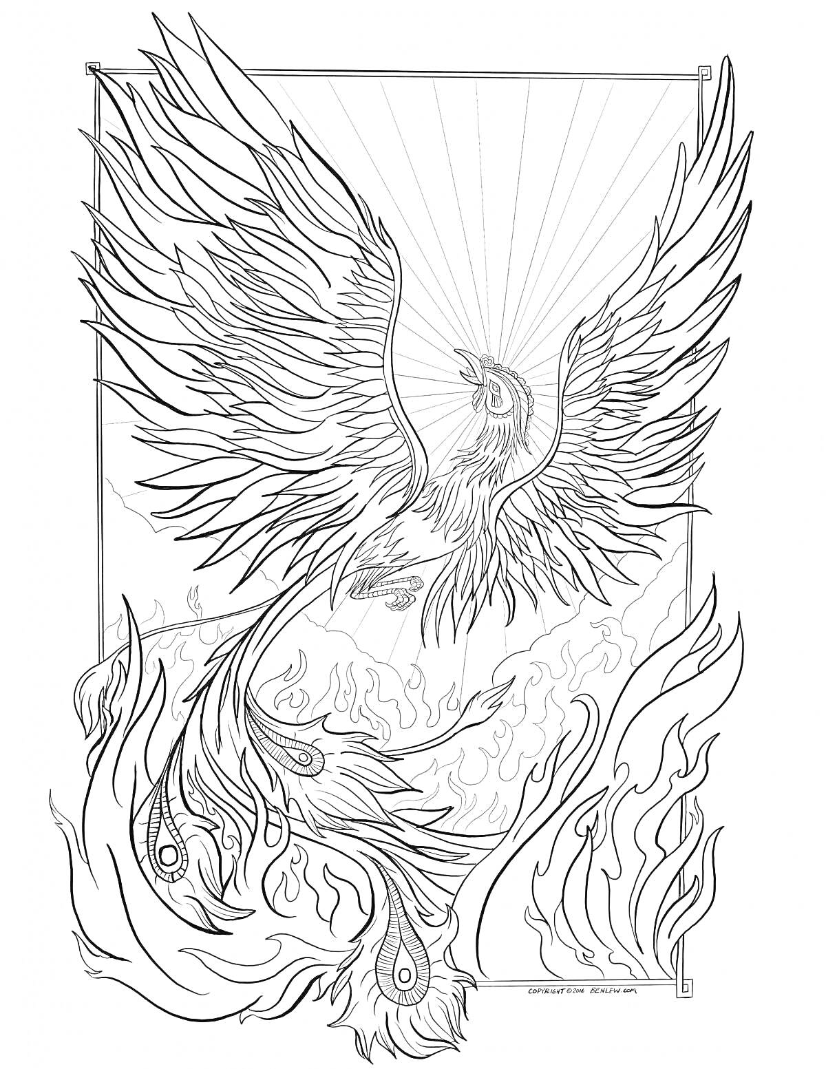На раскраске изображено: Феникс, Пламя, Крылья, Огонь, Мифические существа