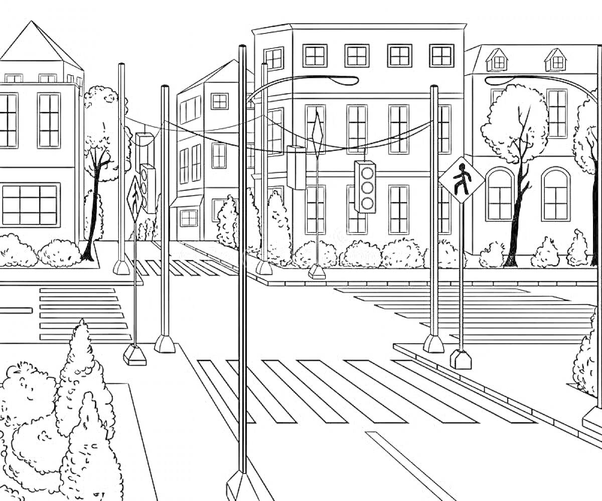 Раскраска Перекресток улицы города с домами, фонарями, дорожными знаками и светофором