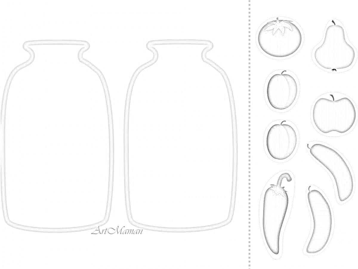Раскраска Две банки и овощи: помидор, груша, слива, яблоко, чеснок, огурец, болгарский перец, баклажан.