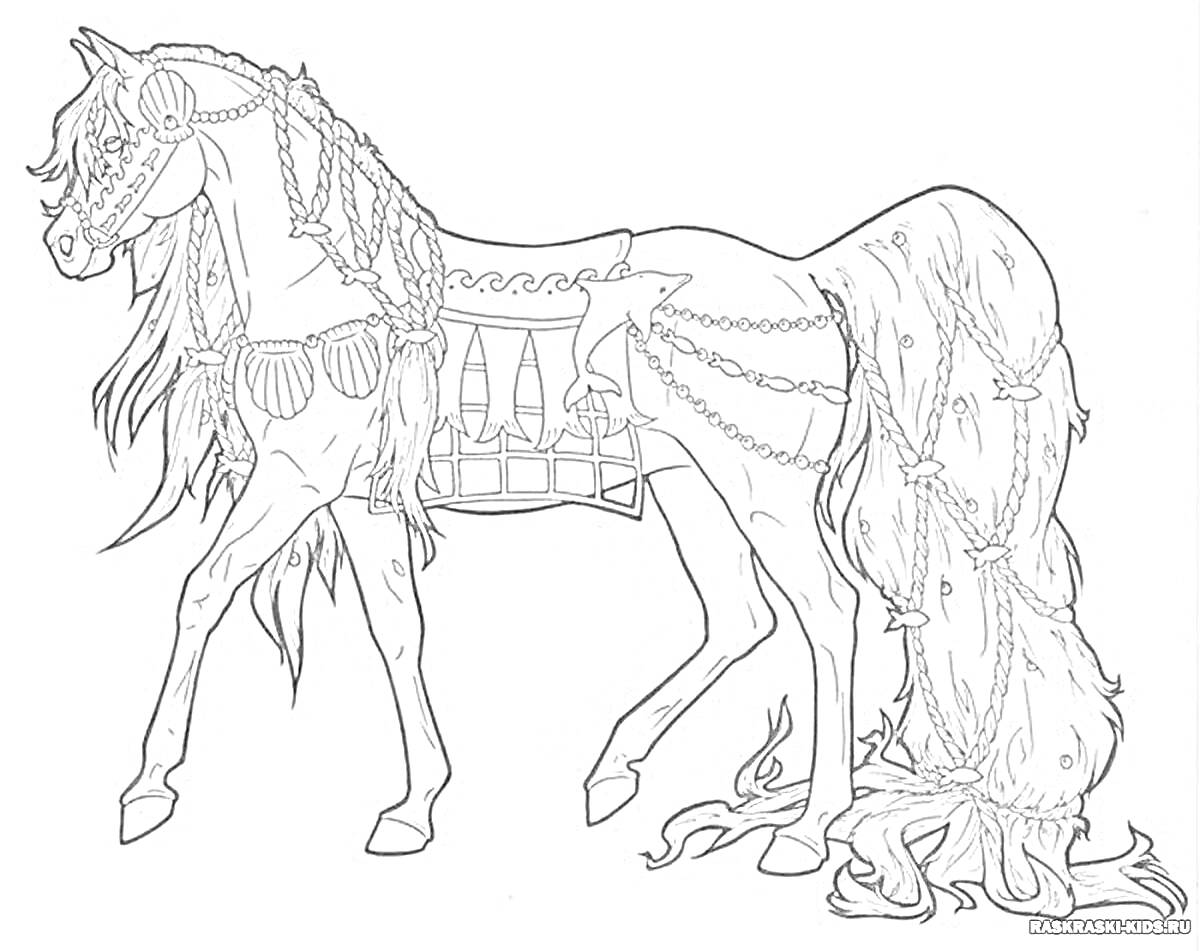 Раскраска Лошадь с длинной гривой и хвостом в декоративных украшениях