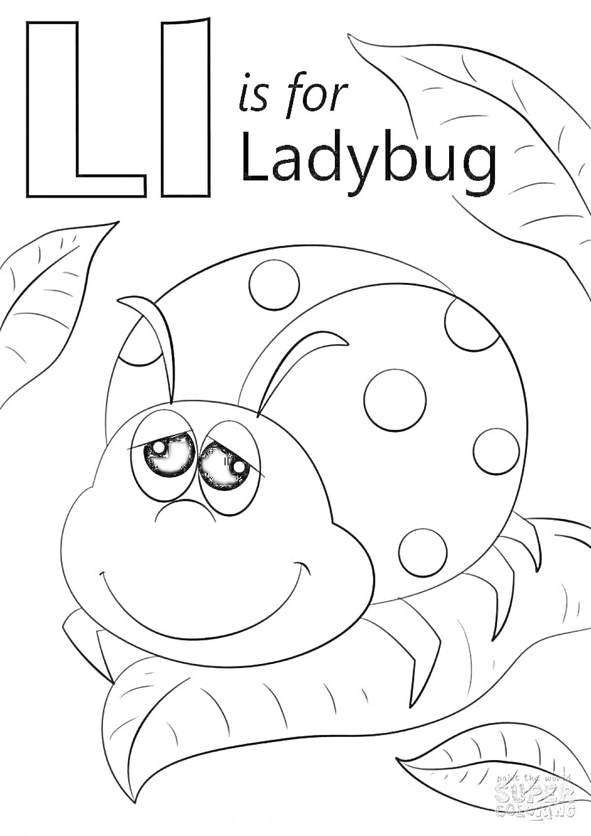 Раскраска L is for Ladybug. Божья коровка на листе с надписью.