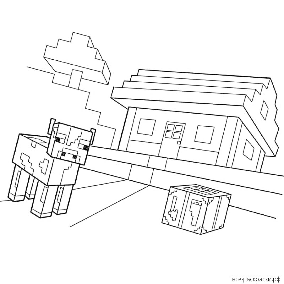 Раскраска Корова перед домом и верстаком в мире Minecraft