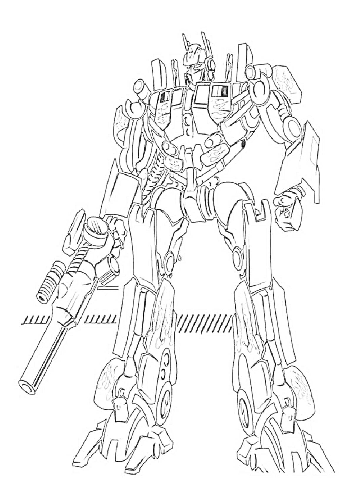 На раскраске изображено: Робот, Оптимус Прайм, Оружие, Трансформеры, Персонаж, Техника