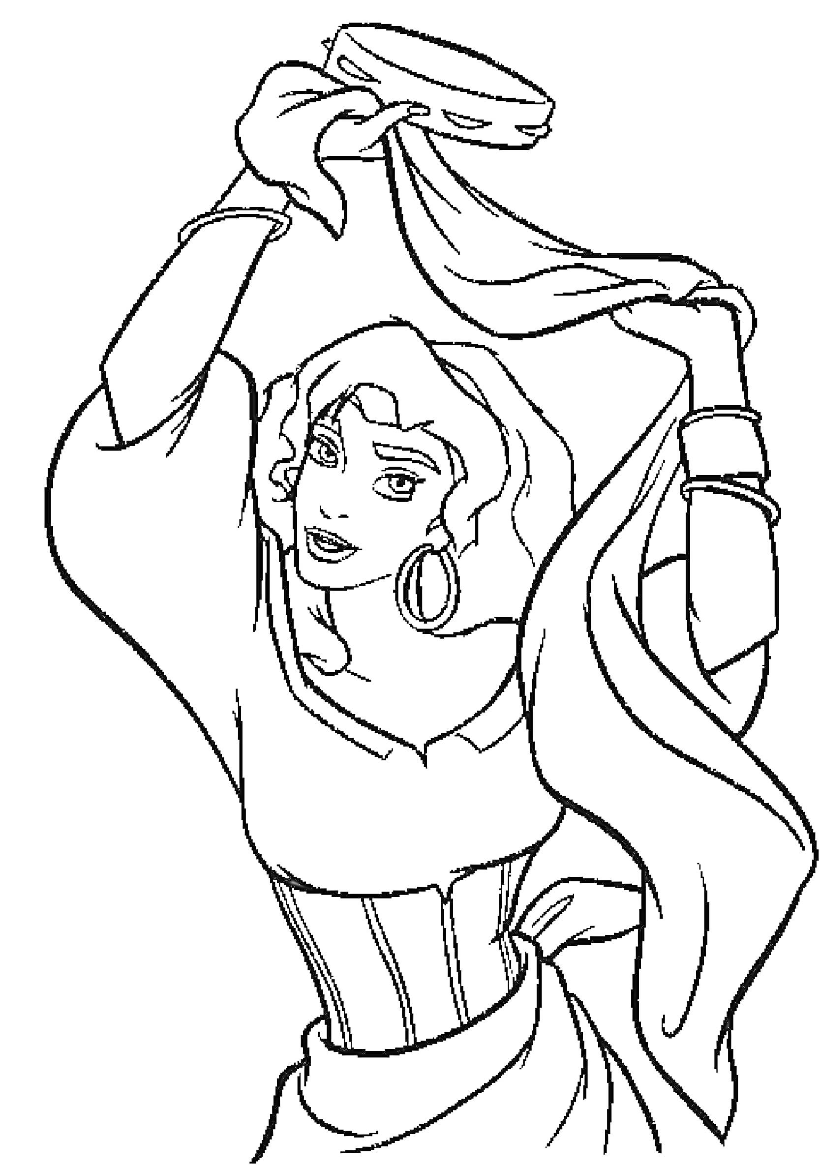 Раскраска Женщина с бубном и платком, в длинном платье и серьгой-кольцом в ухе