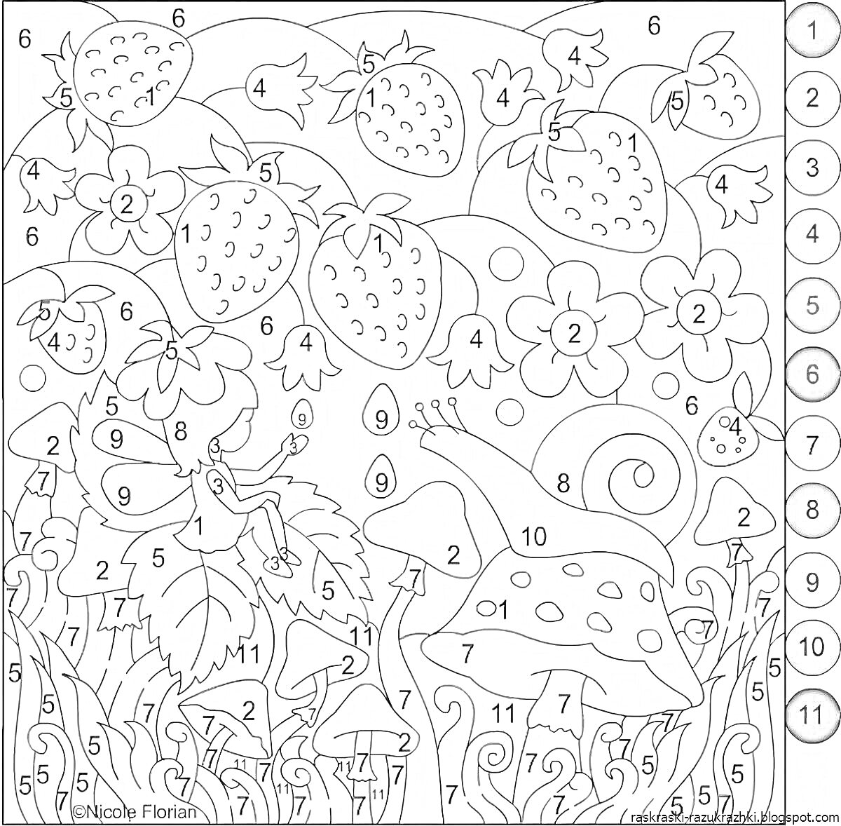 На раскраске изображено: Антистресс, По номерам, Ягоды, Клубника, Цветы, Бабочка, Грибы, Листья, Трава