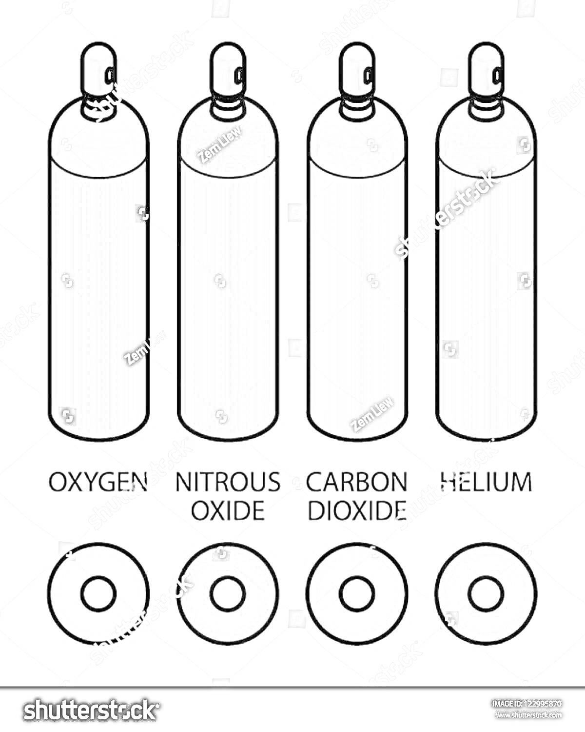 Раскраска Баллоны с газами: кислород, закись азота, углекислый газ, гелий