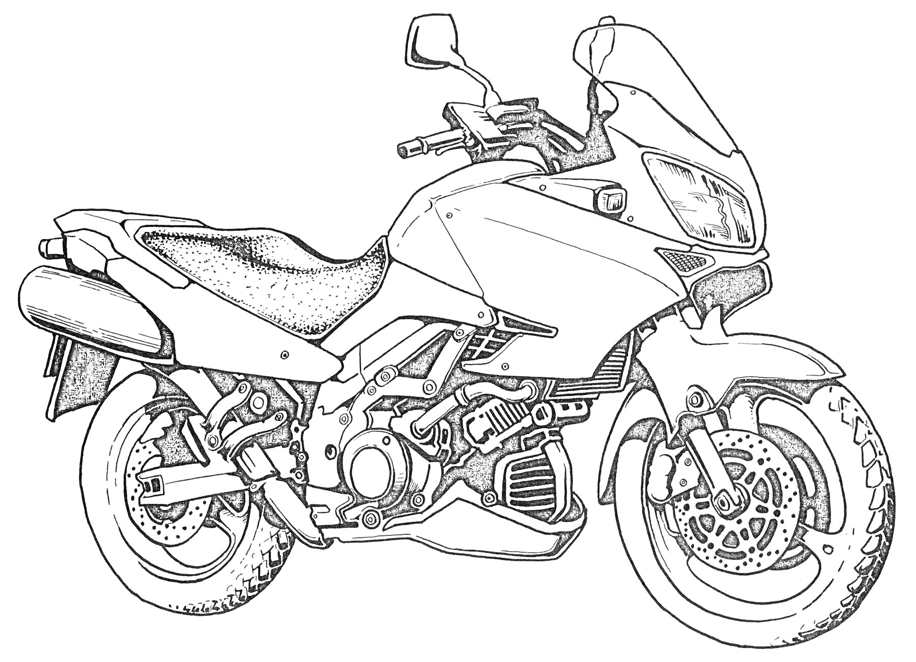 На раскраске изображено: Мотоцикл, Спортивный мотоцикл, Лобовое стекло, Колёса