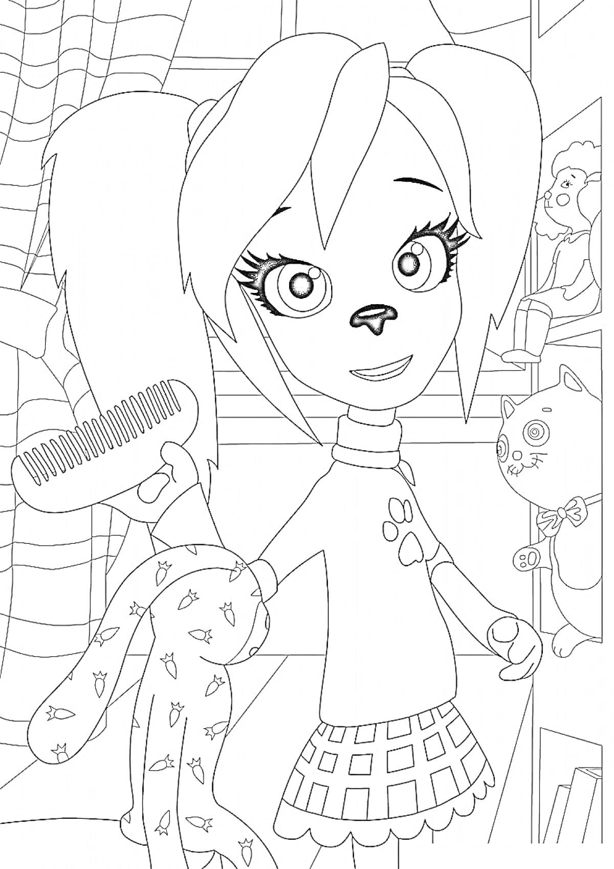 Раскраска Девочка-собачка с расческой и полотенцем, комната с полками и игрушками