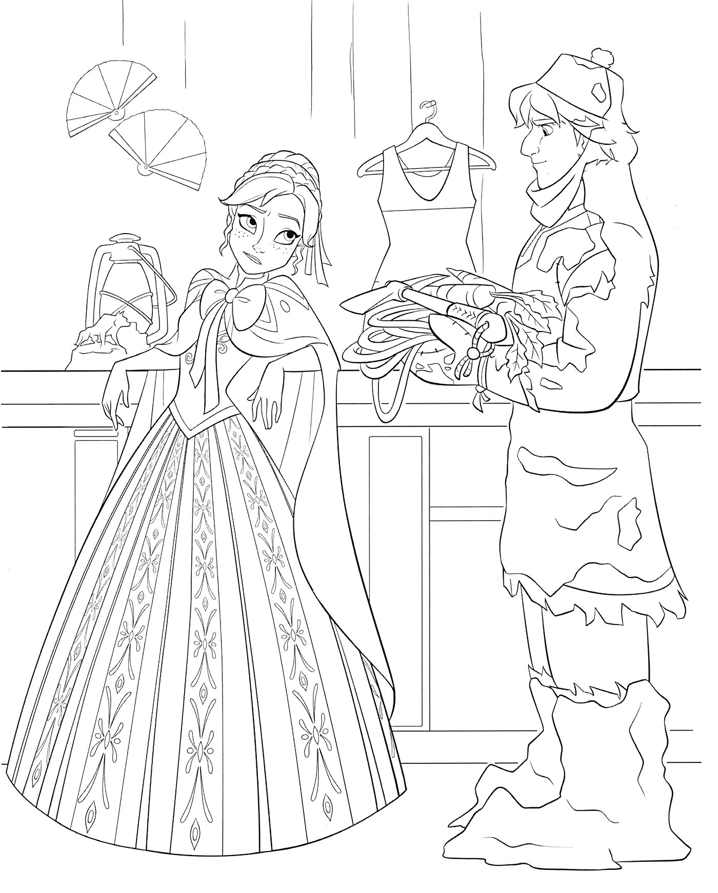 Раскраска Женщина в длинном платье и мужчина в зимней одежде с сеном в руках, элементы гардероба на фоне