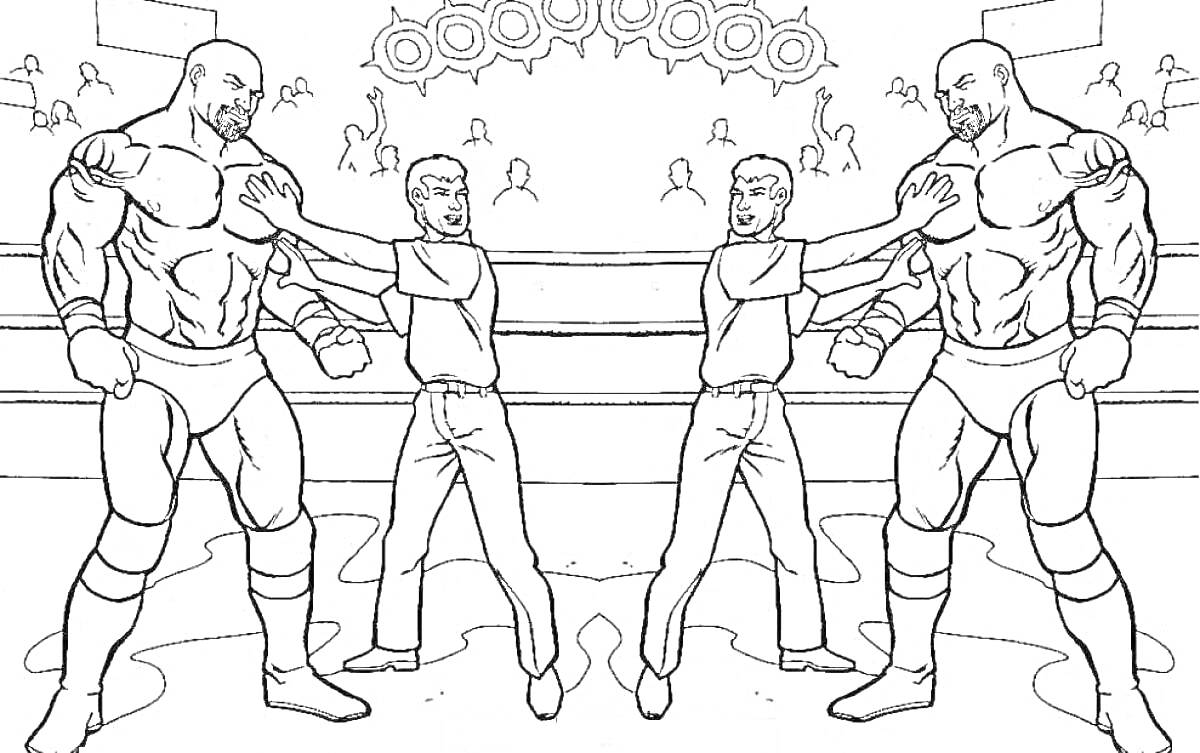Раскраска Двое борцов с рефери на ринге