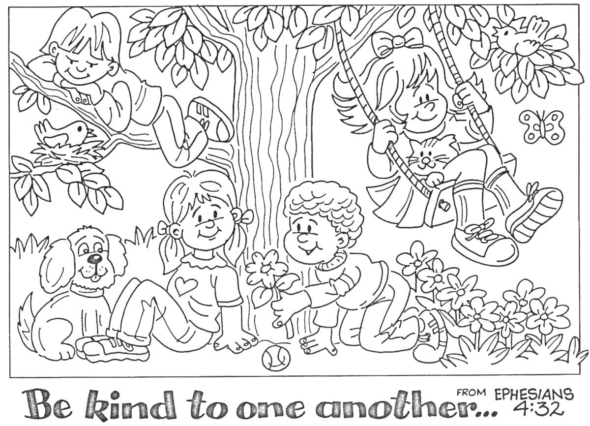Раскраска дети играют на дереве и качелях в парке с собакой и мячиком, красивые цветы и бабочка