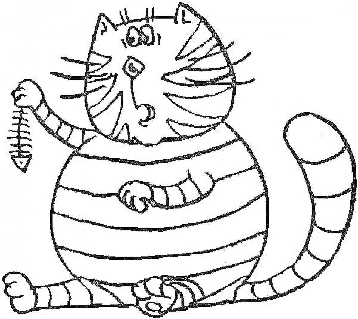 На раскраске изображено: Рыба, Полосатый кот, Мультяшный кот, Для детей