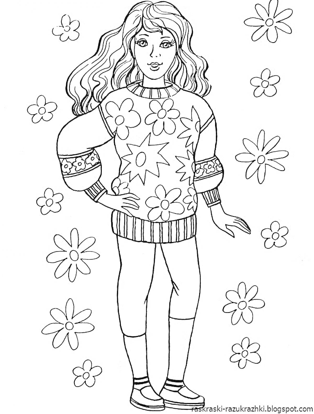 Раскраска Девочка в свитере с цветами среди цветков