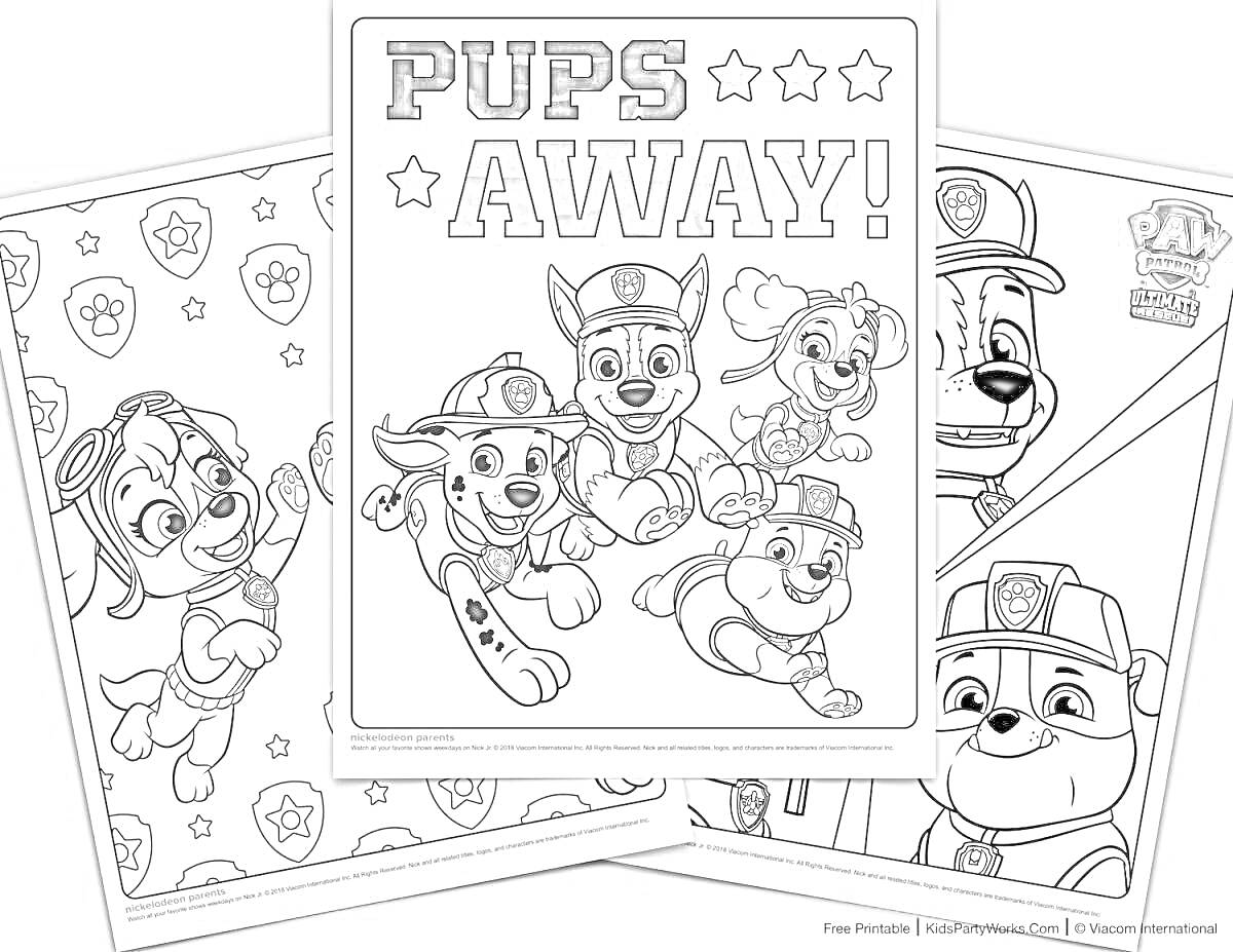Раскраска Раскраска с персонажами щенячьего патруля: группа щенков, щенок в шлеме, щенок с очками, щенок с бантиком, щитки с эмблемами
