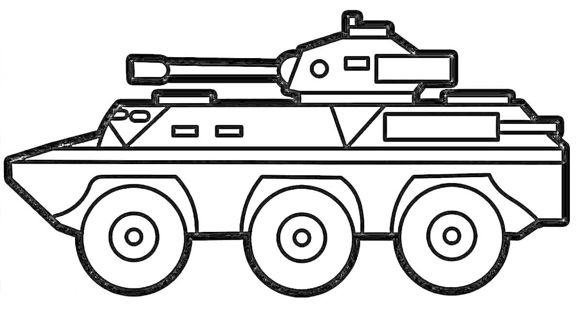 На раскраске изображено: Танк, Военная техника, Пушка, Колёса, Броневик, Для детей, Башни