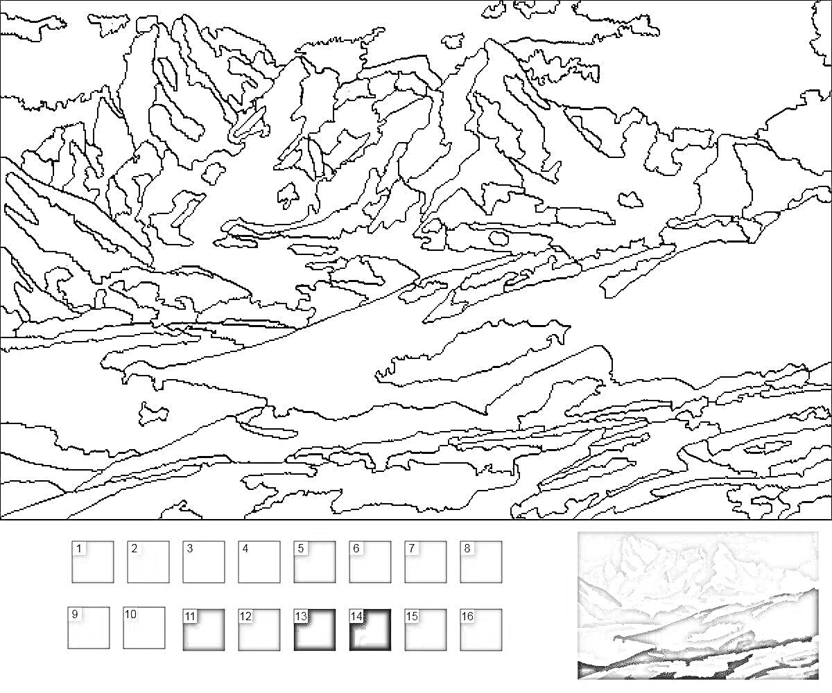 На раскраске изображено: Горы, Пейзаж, Природа, Нумерация, Живопись, Черно-белый эскиз