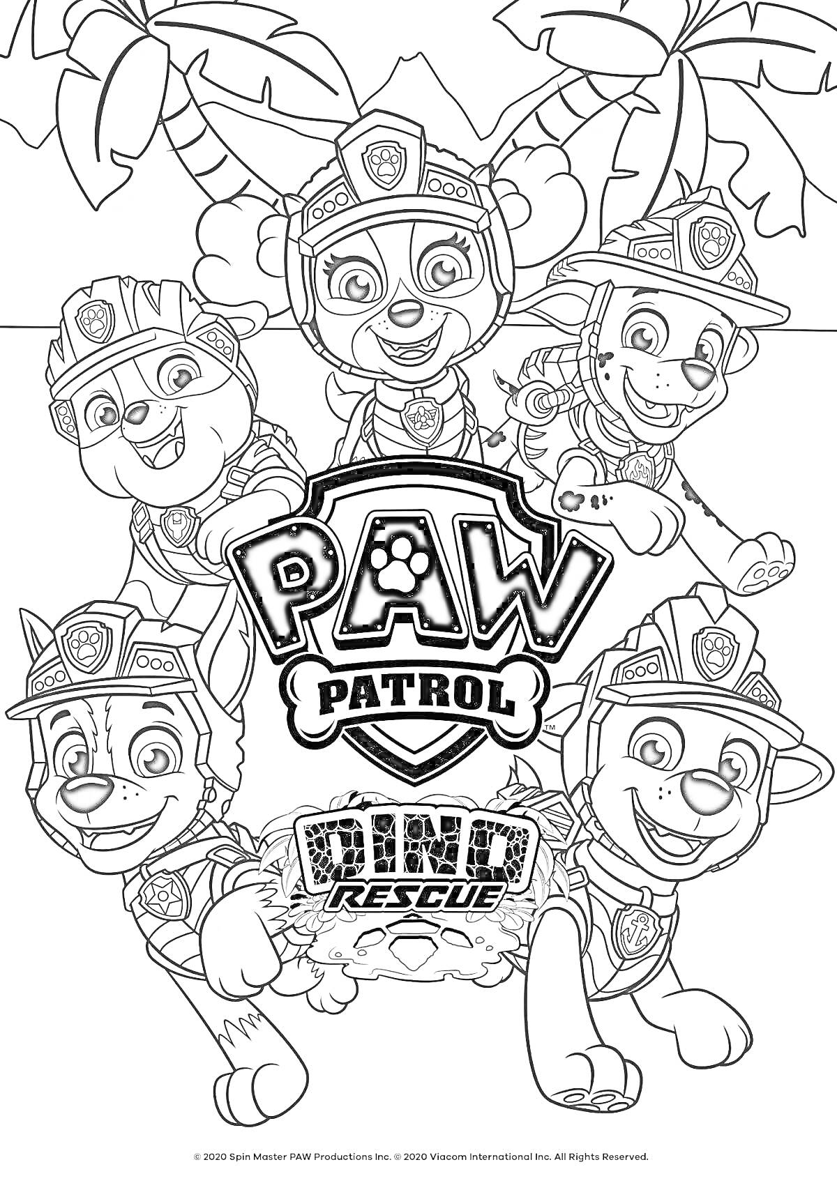 На раскраске изображено: Щенячий патруль, Paw Patrol, Пальмы, Приключения