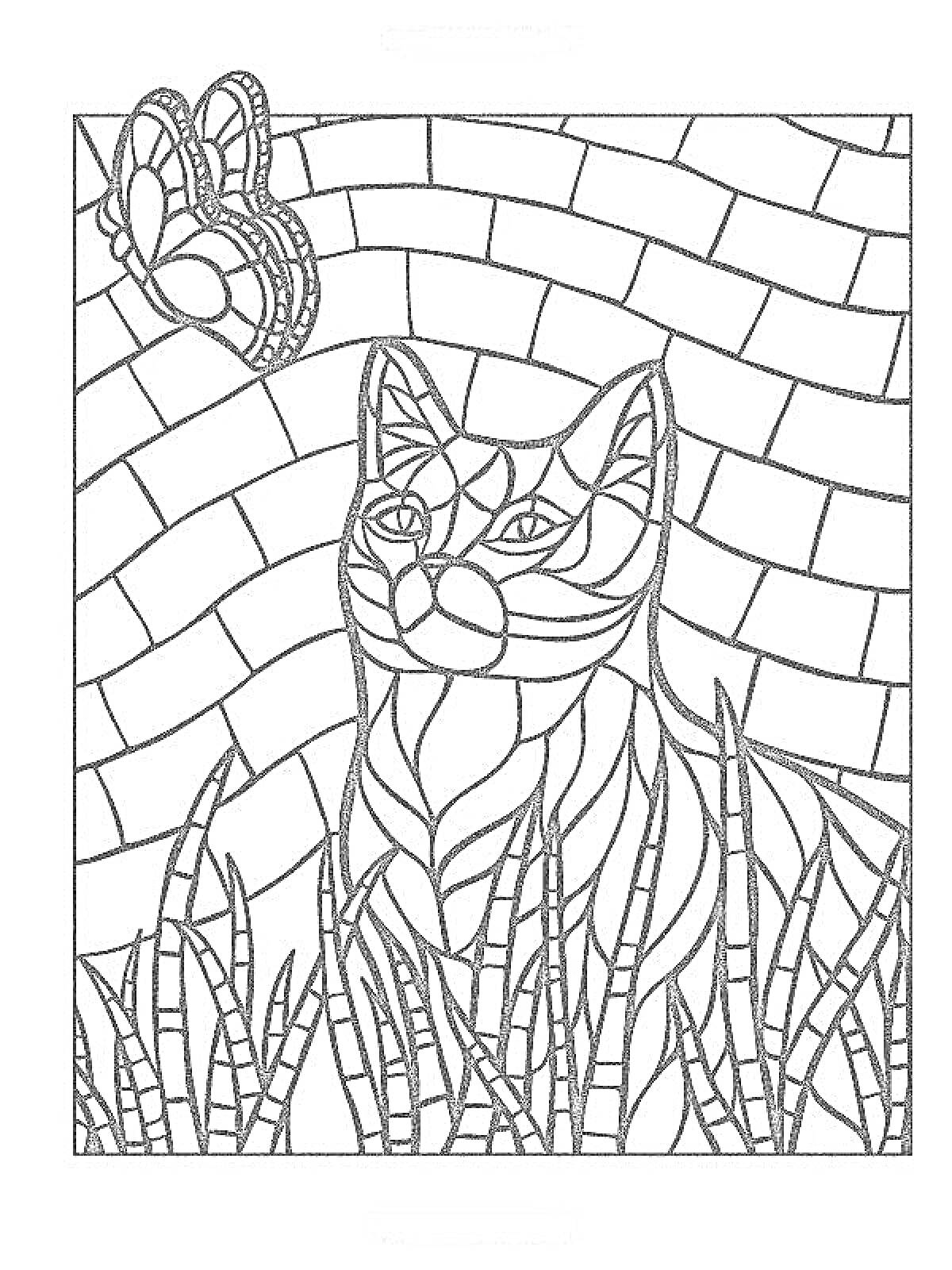 На раскраске изображено: Витраж, Бабочка, Кирпичная стена, Трава