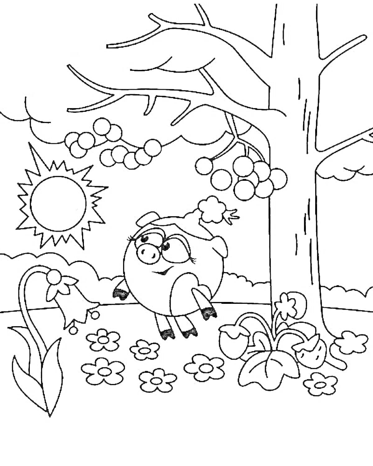 Раскраска Нюша под деревом с цветами, ягодами и солнцем на фоне