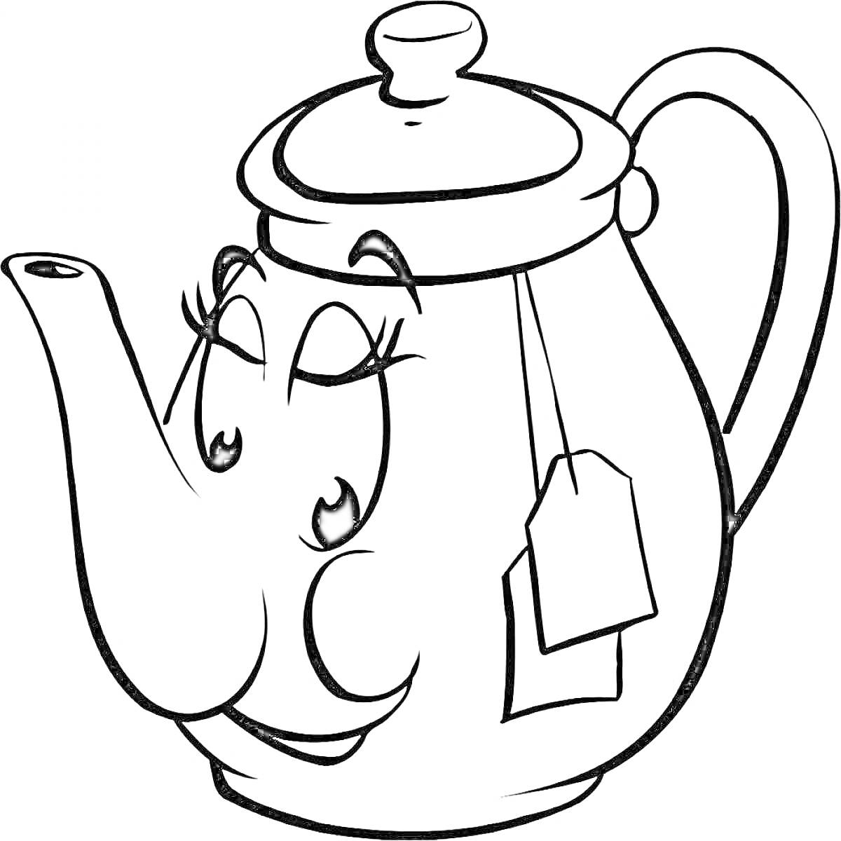 На раскраске изображено: Посуда, Чай, Кухонная утварь, Для детей, Улыбка, Чайники