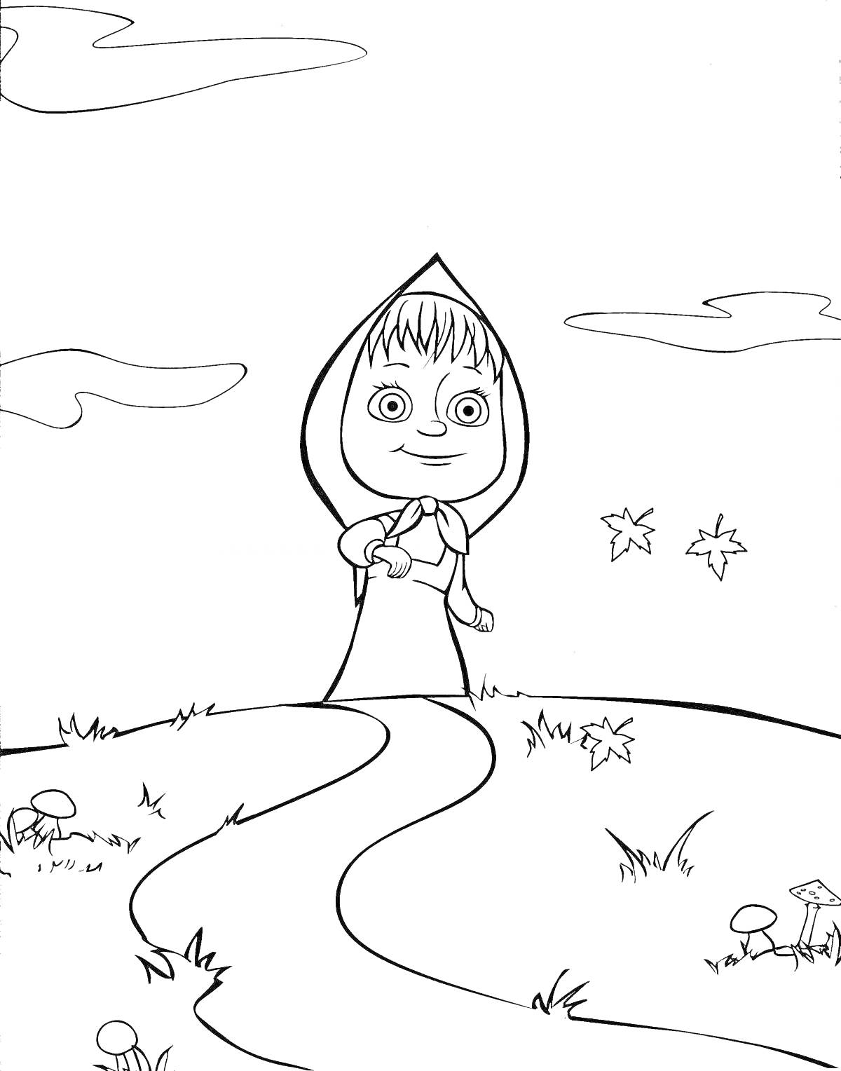 На раскраске изображено: Девочка, Платок, Облака, Листья, Трава, Грибы, Природа