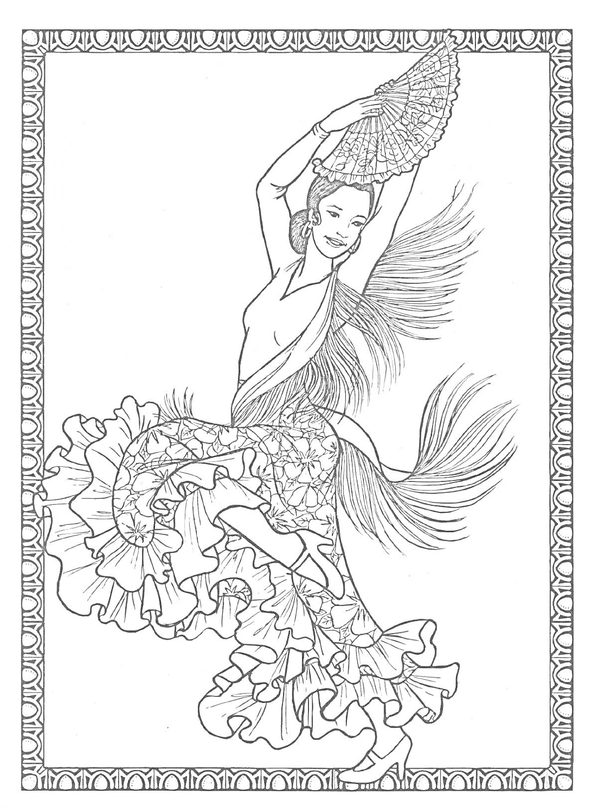 Раскраска Балерина с веером в пышном платье, антистресс