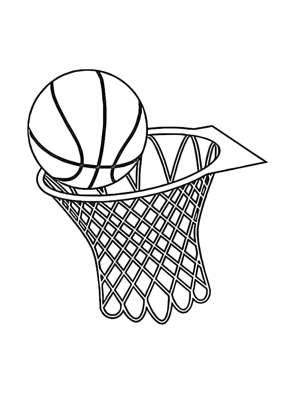 На раскраске изображено: Баскетбол, Корзина, Спортивный инвентарь, Спорт, Мячи