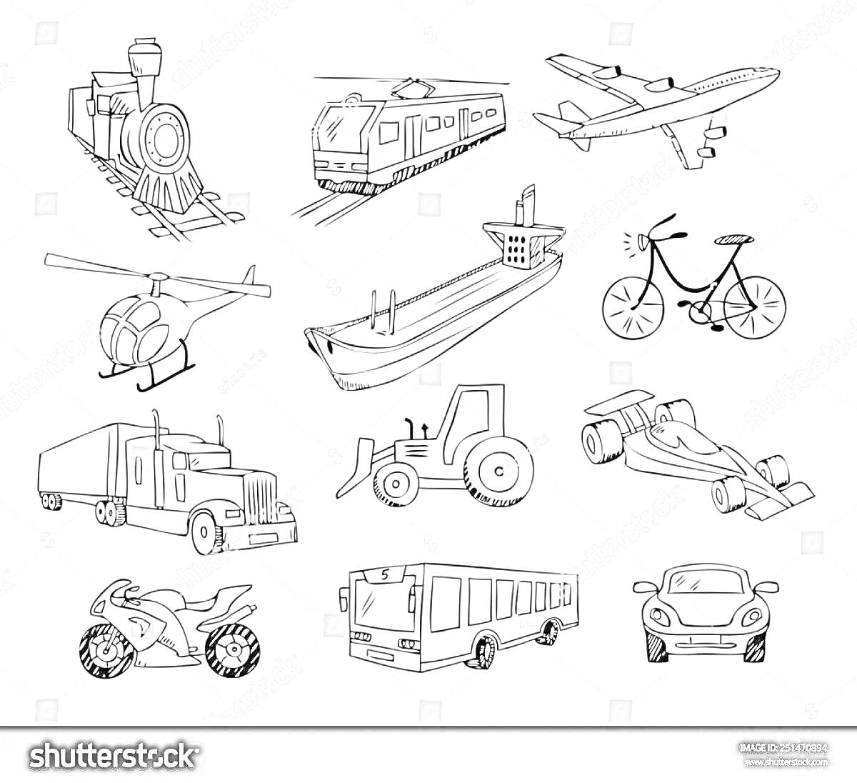 На раскраске изображено: Паровоз, Поезд, Вертолет, Корабль, Велосипед, Трактор, Гоночный автомобиль, Мотоцикл, Автобус, Транспорт, Пассажирский